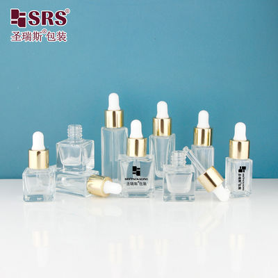 D1229-5ml قنينة زجاجية صافية مربعة فارغة ذات غطاء قطرة معدني ذهبي لامع من الألومنيوم نوع المسمار لمبة السيليكون البيضاء للعطورة العطرية